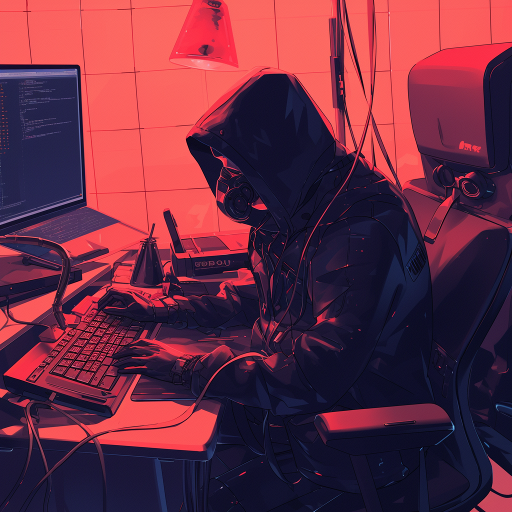 Illustratie van een figuur met hoodie en gasmasker die werkt aan een computer in een rood verlichte ruimte, omgeven door kabels en schermen met code.