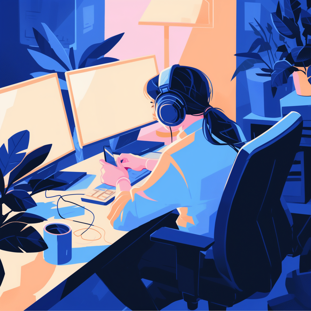 Gestileerde illustratie van een vrouw met koptelefoon die werkt aan twee computerschermen, met een smartphone in de hand, in een moderne en kleurrijke werkruimte.