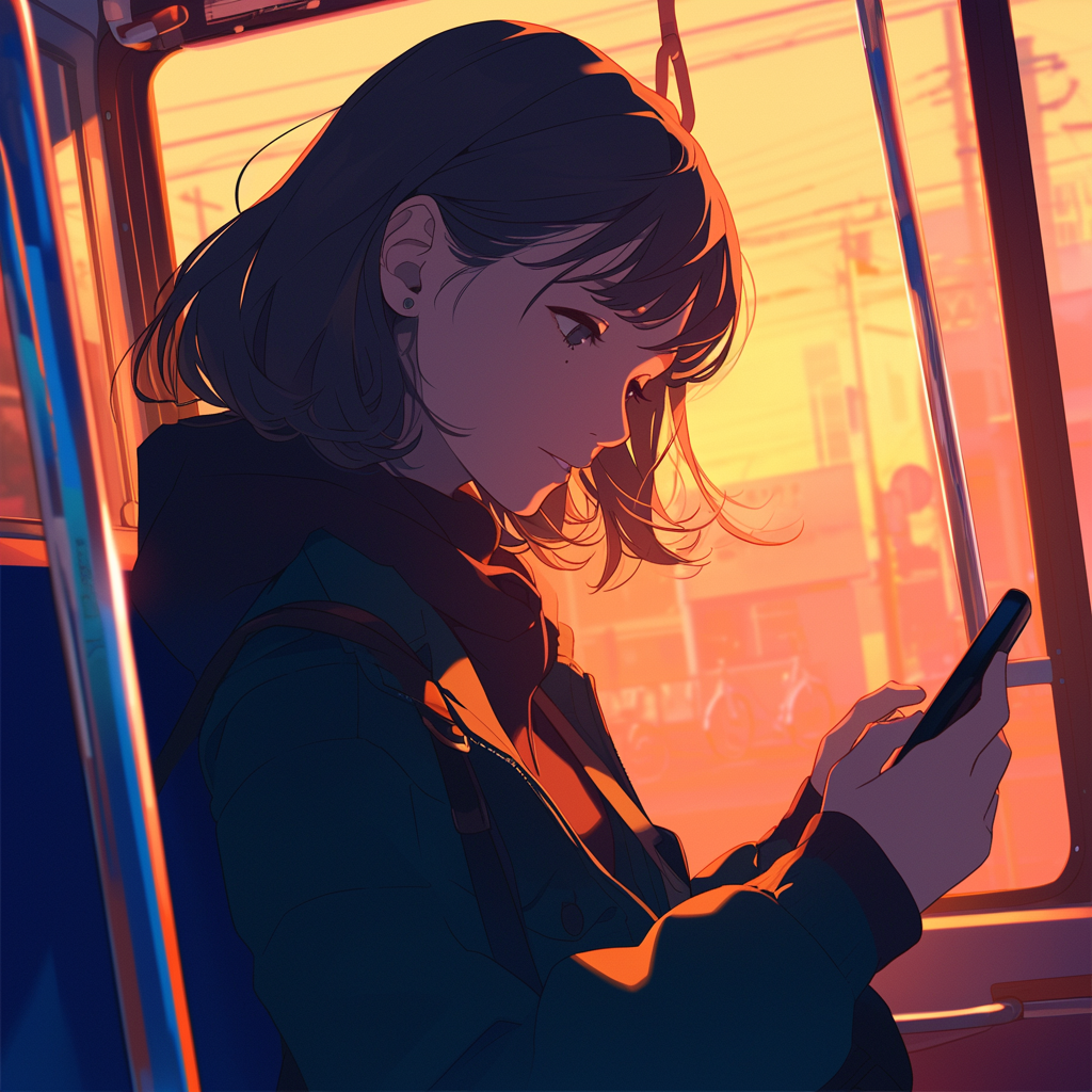 Illustratie van een jonge vrouw in een bus, verdiept in haar smartphone terwijl het warme licht van de ondergaande zon door het raam schijnt.