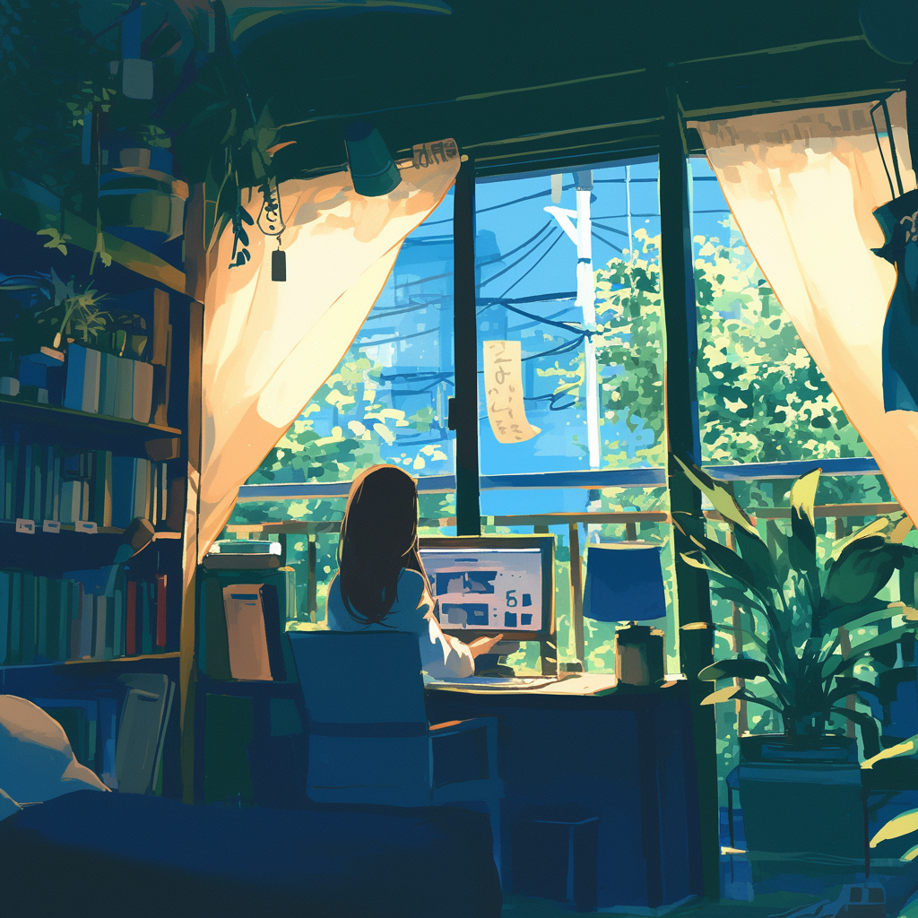 Illustratie van een persoon die werkt aan een computer in een gezellig thuiskantoor, met uitzicht op een zonovergoten balkon vol planten.