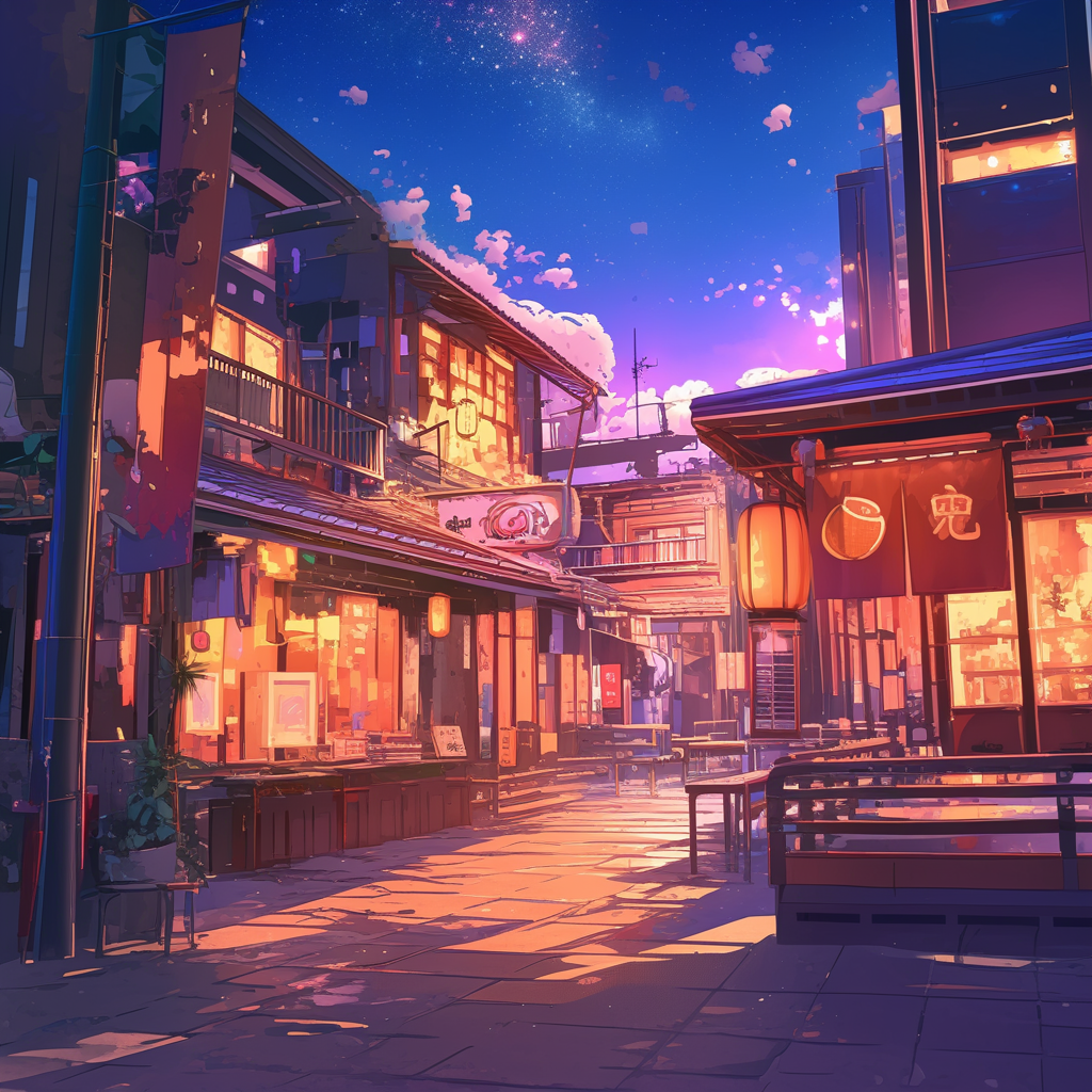 Illustratie van een sfeervolle straat in een Aziatische stad bij avond, met traditionele gebouwen, verlichte lantaarns en kleurrijke winkelgevels.