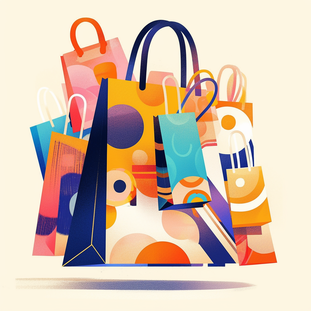 Vrolijke kleurrijke illustratie met verschillende shoppingbags als visuele knipoog naar Click Friday.